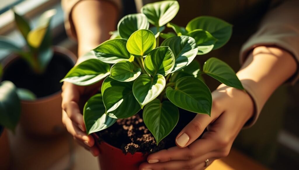 A close-up shot of a person's hands carefully repotting a lush, vibrant Philodendron plant. The plant's deep green, heart-shaped leaves are visible, contrasting beautifully with the rich, dark soil being gently added to the new pot. Soft, warm lighting illuminates the scene, casting gentle shadows and highlighting the delicate textures of the plant's foliage and the worker's hands. The composition is balanced, with the Philodendron centered in the frame and the hands guiding the repotting process. The overall mood is one of care, attention, and the nurturing of a healthy, thriving houseplant.