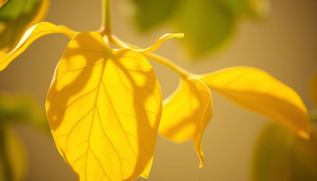 A close-up shot of vibrant yellow leaves of a Ficus lyrata, or Fiddle-Leaf Fig, against a soft, out-of-focus background. The leaves are slightly curled and have a delicate, translucent quality, catching the warm, diffused light. The composition focuses on the intricate patterns and textures of the foliage, with a sense of gentle movement and natural beauty. The lighting creates a serene, contemplative mood, highlighting the transition from healthy green to autumnal yellows. The image conveys the ephemeral nature of this phase in the plant's life cycle, inviting the viewer to closely observe and appreciate the details.