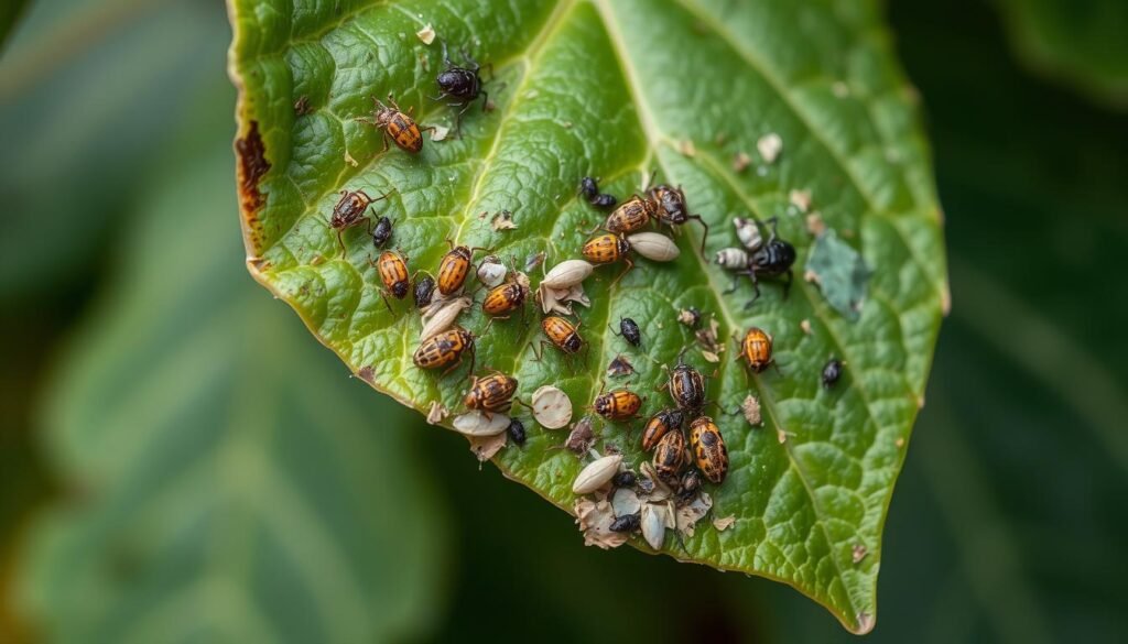 A close-up view of a Ficus lyrata leaf infested with various pests, such as aphids, scale insects, and spider mites. The leaf appears discolored and damaged, with visible signs of infestation. The background is blurred, placing the focus on the detailed, textured surface of the leaf and the tiny creatures feeding on it. The lighting is soft and diffused, creating a natural, organic feel. The overall mood is one of concern and the need for effective pest control measures, as indicated by the section title &amp;quot;Bekämpfung von Schädlingen&amp;quot;.