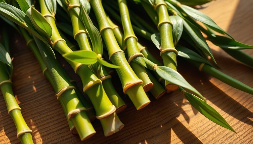 A close-up view of a collection of lush, healthy Glücksbambus (Lucky Bamboo) cuttings. The stems are vibrant green, with supple, glossy leaves emerging from the nodes. The cuttings are neatly arranged on a wooden surface, with natural lighting casting warm, directional shadows that highlight their elegant, slender forms. The composition emphasizes the simplicity and beauty of these versatile plants, ready to be propagated and shared. A sense of tranquility and growth pervades the scene, inviting the viewer to imagine the thriving, lucky bamboo plants that these cuttings will become.