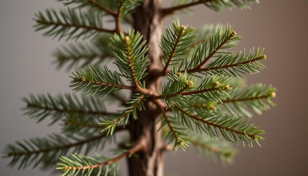 A close-up view of a coniferous tree, a Nadelbaum, showcasing its growth phases. The image depicts the tree's trunk, branches, and needles in various stages of development, from the tender new growth to the mature, established foliage. The lighting is soft and diffuse, creating a serene, naturalistic atmosphere. The focus is sharp, allowing the viewer to appreciate the intricate textures and patterns of the bark, the delicate branching structure, and the gradual transformation of the needles as they mature. The background is blurred, gently fading into a muted, earthy palette, emphasizing the central subject. The overall composition conveys a sense of the tree's vitality, the cycles of growth and renewal that are central to the Nadelbaum's life cycle.