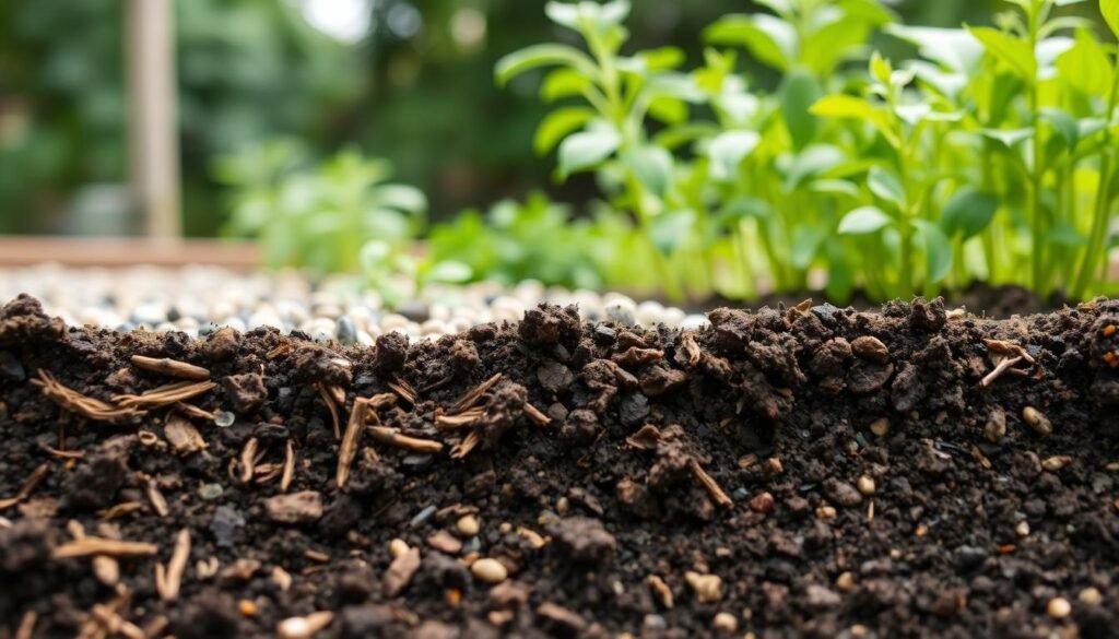 A close-up view of a garden plot, showcasing the substrate and drainage system for growing herbs. The foreground features a rich, dark soil mixed with organic matter, creating a fertile base for the plants. In the middle ground, a layer of small pebbles or gravel covers the soil, facilitating proper drainage and aeration. The background gently blurs, revealing a lush, green foliage of various herbs, their leaves gently swaying in a soft, natural light. The overall scene conveys a sense of order, simplicity, and the harmonious integration of the essential elements for successful herb cultivation.