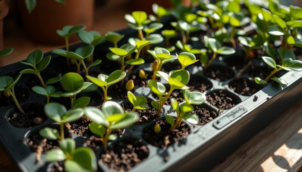A close-up view of a propagation tray filled with delicate camellia cuttings, their vibrant green leaves and tender new growth emerging from the soil. Soft natural light filters in, casting gentle shadows and creating a serene, nurturing atmosphere. The tray is positioned on a wooden surface, hinting at a well-equipped gardener's workbench. The composition emphasizes the intricate details of the cuttings, inviting the viewer to appreciate the process of camellia propagation through cuttings, a vital technique for multiplying these beautiful flowering shrubs.