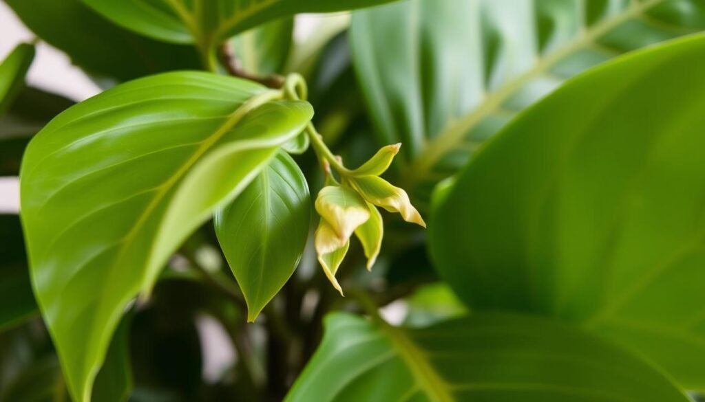 A close-up view of a well-cared-for Ficus lyrata, its large, glossy green leaves spreading outward in the foreground. The lighting is soft and diffuse, accentuating the plant's vibrant hues. In the middle ground, a few smaller, unhealthy-looking leaves droop, their edges yellowing and curling. The background is slightly blurred, drawing the viewer's attention to the contrast between the healthy and problematic areas of the plant. The composition emphasizes the importance of proper Ficus lyrata care, inviting the viewer to consider the common mistakes that can lead to such issues and how to avoid them.