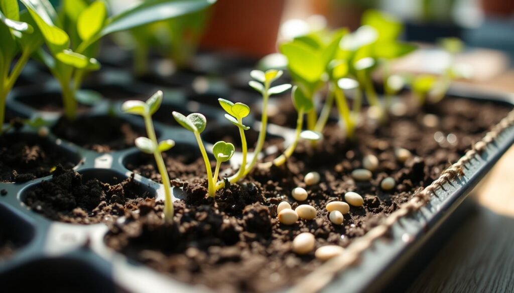 A close-up view of various plant propagation methods, including several small Plumbago cuttings rooting in a shallow tray filled with moist soil, next to a few Plumbago seeds scattered on the surface. The scene is bathed in soft, natural daylight, emphasizing the delicate textures and verdant hues of the plant material. The depth of field is shallow, gently blurring the background to focus attention on the propagation techniques. The overall mood is one of growth, renewal, and the beauty of new life emerging from the earth.