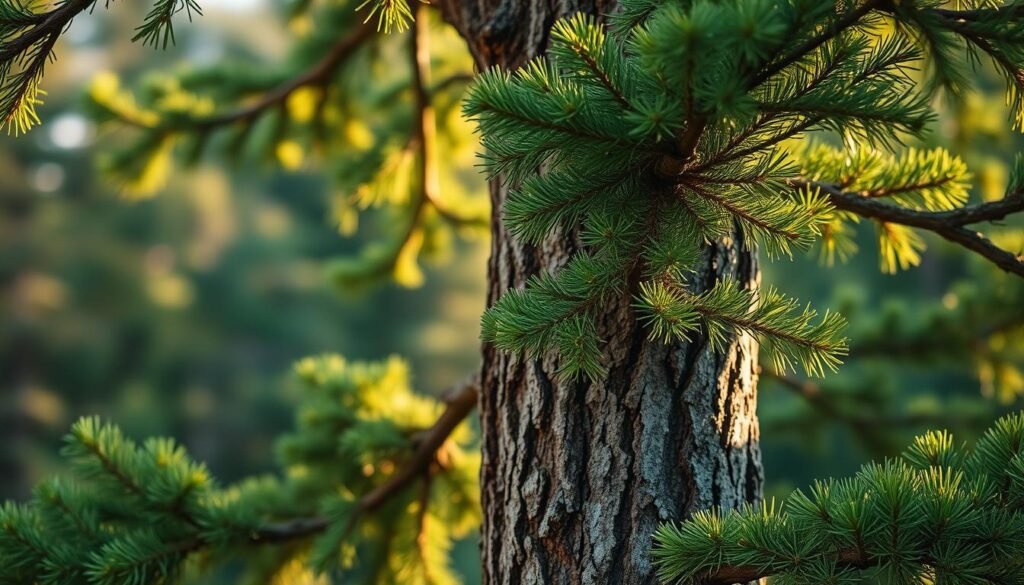 A closeup view of the trunk and lower branches of a lush, healthy coniferous tree, likely a spruce or fir, against a softly blurred natural backdrop. The bark has a rugged, textured appearance with patches of moss and lichen. The evergreen needles are vibrant and densely packed, creating a rich, verdant display. Warm, natural lighting filters through the branches, casting gentle shadows and highlights. The overall composition emphasizes the sturdy, sturdy structure of the tree trunk and the delicate beauty of the foliage. A sense of tranquility and reverence for the natural world permeates the scene.