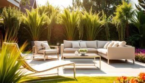 A contemporary garden setting with sleek, modern outdoor furniture pieces arranged in a harmonious layout. In the foreground, a stylish lounge chair and a minimalist coffee table made of polished metal and tempered glass reflect the warm sunlight. In the middle ground, a modular sectional sofa in a neutral color palette, complemented by plush throw pillows, creates an inviting seating area. The background features lush greenery, including tall potted plants and a vibrant floral border, framing the scene with a naturalistic ambiance. The overall mood is one of sophisticated, yet relaxed, outdoor living.