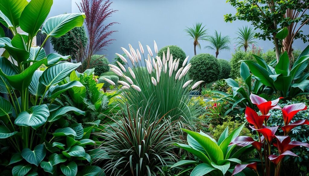 A contemporary garden showcasing a thoughtful plant selection. In the foreground, lush and sculptural foliage plants such as Monstera deliciosa, Philodendron bipinnatifidum, and Canna lilies create a tropical, modern aesthetic. The middle ground features a mix of ornamental grasses, including Pennisetum and Miscanthus, their gentle sways adding movement and texture. In the background, a carefully curated selection of shrubs and small trees, like Pittosporum, Choisya, and Magnolia, provide structure and depth. Soft, diffused lighting from above casts a warm, inviting glow, highlighting the varied greens, reds, and purples of the plants. The composition emphasizes harmonious balance, clean lines, and an overall sense of serenity.