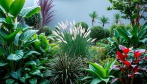 A contemporary garden showcasing a thoughtful plant selection. In the foreground, lush and sculptural foliage plants such as Monstera deliciosa, Philodendron bipinnatifidum, and Canna lilies create a tropical, modern aesthetic. The middle ground features a mix of ornamental grasses, including Pennisetum and Miscanthus, their gentle sways adding movement and texture. In the background, a carefully curated selection of shrubs and small trees, like Pittosporum, Choisya, and Magnolia, provide structure and depth. Soft, diffused lighting from above casts a warm, inviting glow, highlighting the varied greens, reds, and purples of the plants. The composition emphasizes harmonious balance, clean lines, and an overall sense of serenity.