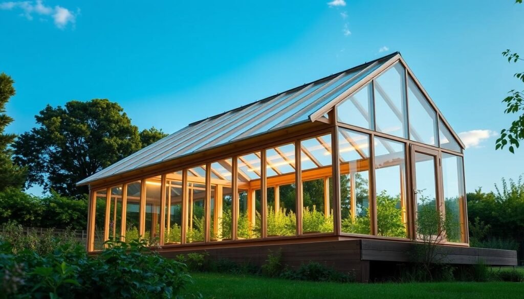 A contemporary, minimalist greenhouse with clean lines and a modern aesthetic, set against a backdrop of lush greenery and a clear blue sky. The structure features large, panoramic windows that flood the interior with natural light, creating a serene, tranquil atmosphere. The greenhouse is slightly elevated, with a sleek, wooden frame and a gently sloping roof that blends harmoniously with the surrounding landscape. Subtle, indirect lighting casts a warm, inviting glow, while the placement of the greenhouse suggests a thoughtful integration with the overall garden design. The image conveys a sense of peaceful self-sufficiency, where the greenhouse serves as a sanctuary for cultivating plants and herbs in a sustainable, eco-friendly manner.