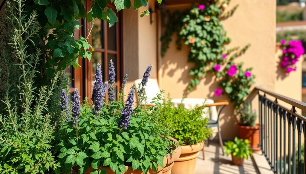 A cozy Mediterranean-style balcony, dappled in warm sunlight. In the foreground, a verdant assortment of thriving potted herbs - fragrant rosemary, fragrant lavender, aromatic thyme, and robust oregano. Their lush, verdant foliage cascades gracefully over the edges of rustic terracotta pots. In the middle ground, a weathered wooden bistro set invites relaxation, with wrought-iron chairs and a small round table adorned with a simple linen tablecloth. In the background, a stucco wall in a soft, earthy tone provides a serene backdrop, while a glimpse of a vibrant bougainvillea vine adds a splash of color. The scene is bathed in the warm, golden light of a Mediterranean afternoon, creating a sense of tranquility and timeless charm.