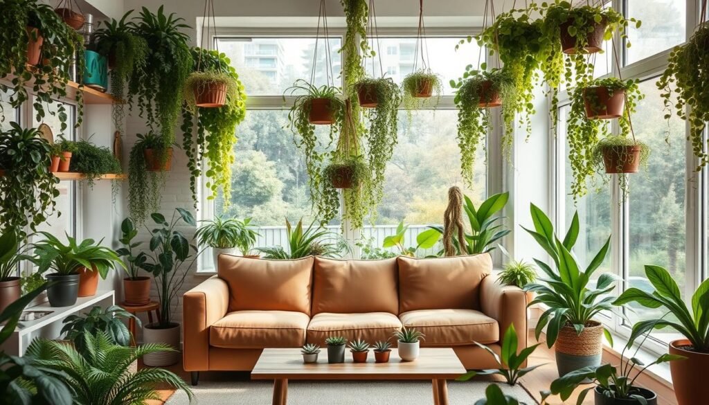 A cozy and inviting living room filled with a variety of lush, hanging houseplants cascading from shelves, window sills, and hanging baskets. The soft, natural light filters through the foliage, creating a serene and calming atmosphere. In the foreground, a plush, earthy-toned sofa sits centered, surrounded by potted plants of varying sizes and shades of green. The middle ground features a minimalist, wooden coffee table topped with a few small succulents and a plant-themed decorative accent. In the background, large windows allow the outdoor greenery to blend seamlessly with the indoor plants, creating a seamless transition between the interior and exterior spaces. The overall scene exudes a sense of tranquility and brings the outdoors in, making for an inviting and nature-inspired living area. A cozy and inviting living room filled with a variety of lush, hanging houseplants cascading from shelves, window sills, and hanging baskets. The soft, natural light filters through the foliage, creating a serene and calming atmosphere. In the foreground, a plush, earthy-toned sofa sits centered, surrounded by potted plants of varying sizes and shades of green. The middle ground features a minimalist, wooden coffee table topped with a few small succulents and a plant-themed decorative accent. In the background, large windows allow the outdoor greenery to blend seamlessly with the indoor plants, creating a seamless transition between the interior and exterior spaces. The overall scene exudes a sense of tranquility and brings the outdoors in, making for an inviting and nature-inspired living area.