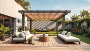 A cozy and inviting outdoor lounge area with a modern, minimalist design. In the foreground, a low, sleek wooden deck with plush, neutral-toned seating arrangements and accent pillows. Potted plants and small succulents adorn the space, adding pops of greenery. The middle ground features a stylish shaded pergola structure, its beams casting soft, dappled light across the scene. In the background, a lush, well-manicured garden with vibrant flowers and greenery creates a serene, nature-inspired backdrop. The overall atmosphere is one of relaxation and sophisticated outdoor living, perfect for entertaining or quiet contemplation.