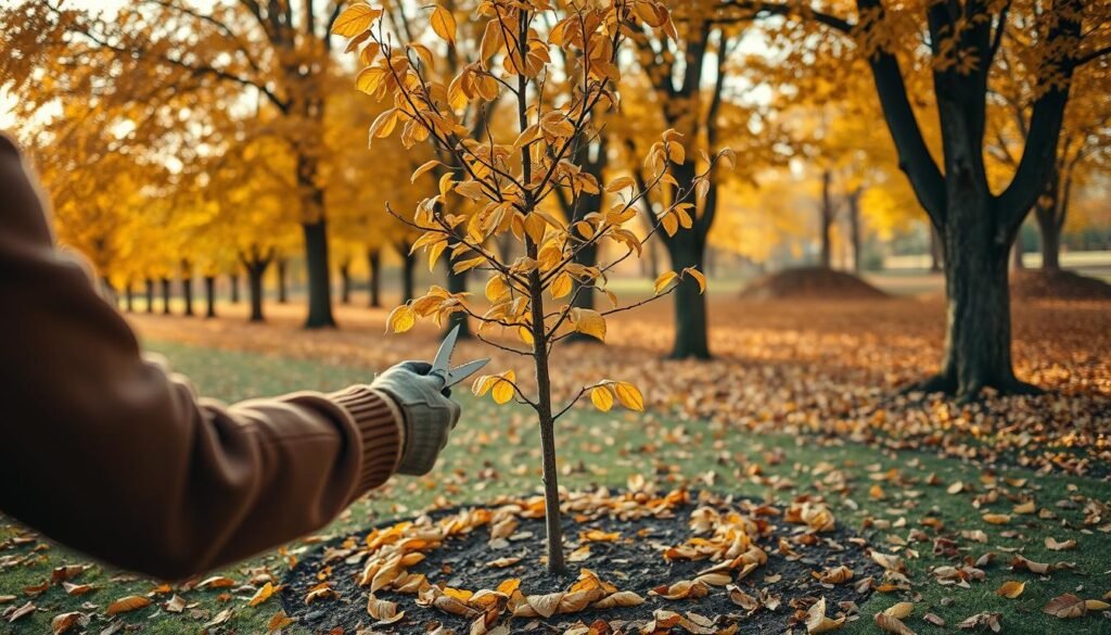 A cozy autumnal scene of a gardener carefully tending to a young tree in preparation for the winter. In the foreground, the gardener, wearing a warm sweater and gloves, gently prunes the branches with precise, measured strokes. The tree's golden leaves flutter softly in the crisp, cool breeze. In the middle ground, a neatly raked bed of fallen leaves surrounds the tree's base, creating a serene, earthy palette. The background is filled with a row of mature trees, their vibrant foliage casting warm, dappled light across the scene. The overall mood is one of quiet, contemplative care, as the gardener ensures the tree's health and readiness for the coming winter.