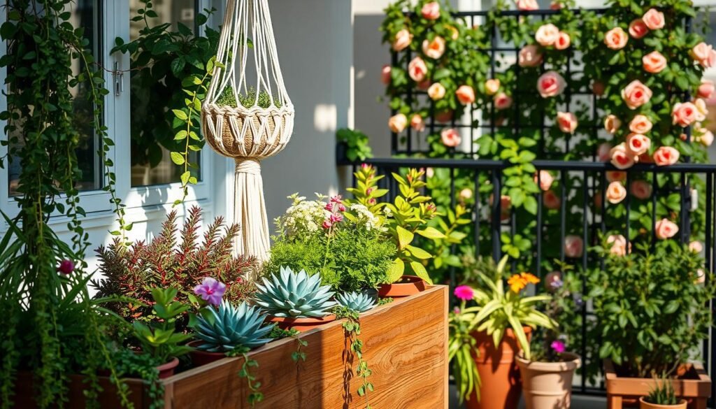 A cozy balcony filled with lush, vibrant plants and handcrafted decorative elements. In the foreground, a collection of potted succulents, trailing vines, and colorful flowers adorn a wooden planter box. In the middle ground, a woven macrame plant holder suspends a cascading ivy, casting intricate shadows. The background features a trellis of climbing roses, their petals gently swaying in the breeze. The scene is bathed in soft, warm lighting, creating a serene and inviting atmosphere, perfect for a DIY balcony oasis.