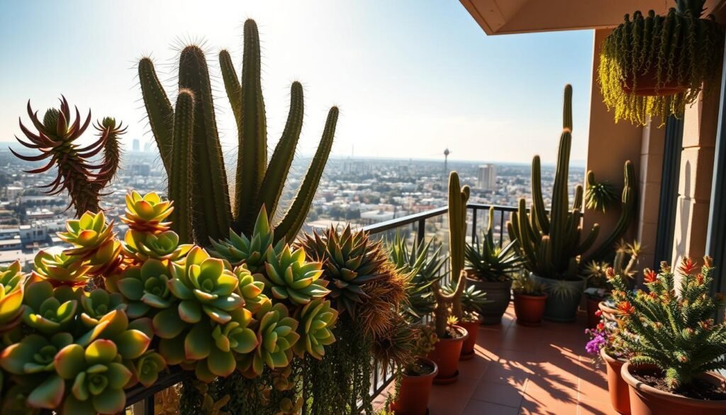 A cozy balcony filled with vibrant, sun-dappled succulents of various shapes and hues. In the foreground, plump rosettes of echeveria and jade plants cascade over the railing, their fleshy leaves catching the warm afternoon light. In the middle ground, tall, spiky aloe vera and barrel-shaped golden barrel cacti stand tall, casting long shadows across the terracotta tiles. The background showcases a panoramic view of a sun-soaked cityscape, the distant buildings hazy under a cloudless azure sky. The scene is bathed in a soft, golden glow, the lighting lending an air of tranquility and relaxation to the lush, thriving plant life.