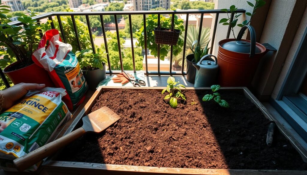A cozy balcony setting, the morning sun casting warm shadows across a meticulously prepared balcony planter box. In the foreground, a trowel gently turns the rich, dark soil, readying it for the vibrant plants to come. Bags of potting mix and a watering can stand by, organized and ready. In the middle ground, the wooden slats of the balcony floor lead the eye towards the railing, where a pair of gardening gloves and pruning shears rest, hinting at the care and attention soon to be lavished on the budding flora. The background features a lush, verdant cityscape, framed by the balcony's structure, creating a sense of tranquility and anticipation for the garden's flourishing.