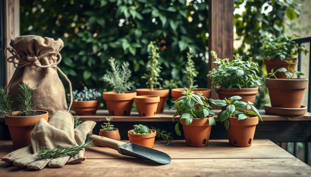 A cozy balcony setting with an assortment of gardening materials and herbs in terracotta pots. In the foreground, a pair of weathered gardening gloves and a small trowel lie on a wooden table, alongside a few small potted plants. In the middle ground, various sized clay pots filled with thriving herbs like rosemary, thyme, and basil stand on a rustic wooden shelf. The background features a lush green leafy backdrop, perhaps a trellis or climbing vines, creating a serene and naturalistic atmosphere. Warm, diffused lighting filters through the scene, casting soft shadows and highlighting the textures of the materials. The overall composition conveys a sense of tranquility, organization, and the joy of urban gardening.