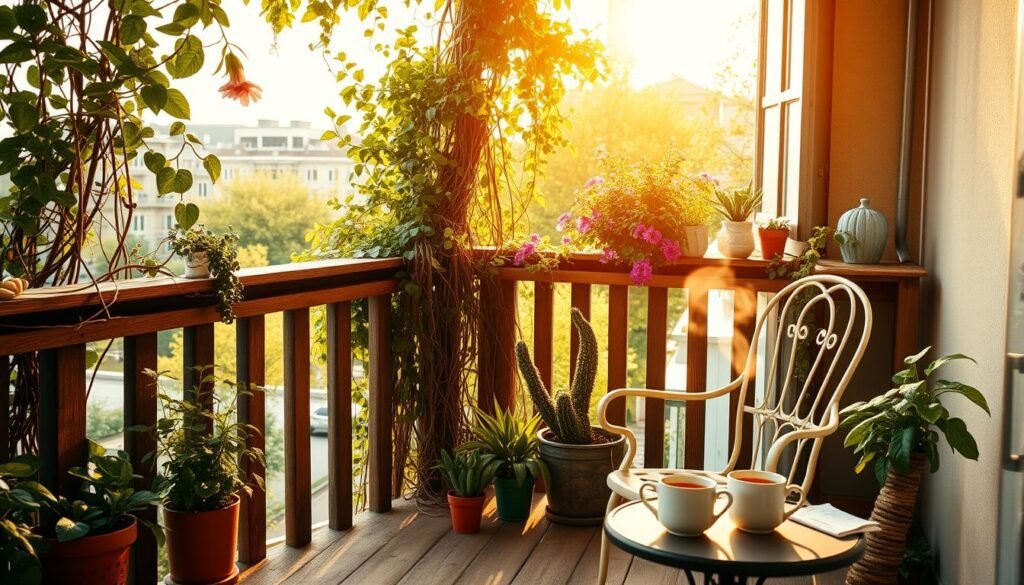 A cozy balcony with a rustic wooden railing, lush potted plants, and a chic vintage chair. Warm sunlight filters through a canopy of vines and trailing flowers, casting a gentle glow. Potted herbs and vibrant blooms line the railing, adding pops of color. A small table holds a steaming cup of tea, inviting relaxation. The scene exudes a sense of tranquility and urban gardening charm, perfect for a peaceful respite from the city. Soft, diffused lighting creates an inviting atmosphere, as if captured through a vintage camera lens.