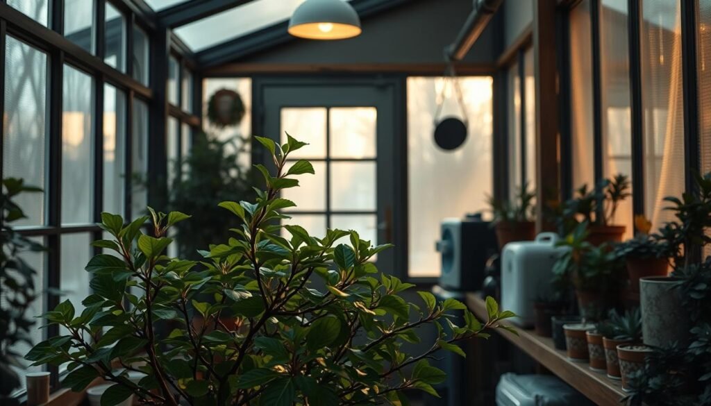 A cozy, dimly lit indoor greenhouse in wintertime. Floor-to-ceiling glass panes let in soft, diffused natural light, casting a warm glow on the lush, verdant foliage of a plumbago shrub in the foreground. The plumbago's sturdy, woody stems and waxy, emerald leaves take center stage, surrounded by the sheltered ambiance of the winter sanctuary. Potted succulents and other cold-hardy houseplants line the shelves, while a small space heater and humidifier maintain the ideal microclimate for these tender specimens. The overall scene conveys a sense of tranquility and horticultural care, perfectly suited to illustrate the "Überwinterung und Winterschutz" section of the article.