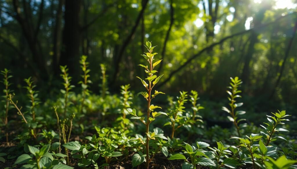 A cozy forest scene with a collection of small, delicate tree saplings nestled among the lush undergrowth. The dappled sunlight filters through the canopy, casting a warm, gentle glow on the delicate foliage. In the foreground, a young sapling stands tall, its vibrant green leaves rustling in a soft breeze. The midground features a variety of small tree species, each with their own unique shapes and shades of green. In the background, a dense thicket of trees creates a sense of depth and mystery. The overall mood is serene, peaceful, and inviting, perfectly capturing the essence of caring for a small, thriving tree.