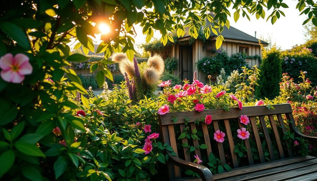 A cozy garden scene with lush, verdant foliage and vibrant blooming plants. In the foreground, a wooden garden bench is partially obscured by the overflowing greenery, inviting the viewer to sit and read through handwritten customer reviews and personal accounts of the plants' performance. Warm, natural sunlight filters through the branches, casting a soft, golden glow over the scene. In the background, a picturesque cottage or shed provides a charming, rustic backdrop, hinting at the tranquil, countryside setting. The overall atmosphere is one of serene relaxation and a genuine connection with nature, reflecting the trustworthy, organic nature of the customer feedback.