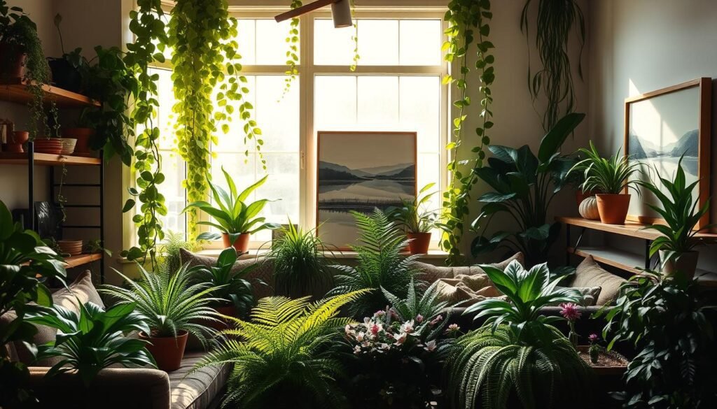A cozy living room filled with lush, vibrant plants arranged in a harmonious, visually striking display. Sunlight streams in through large windows, casting a warm, natural glow over the scene. Leafy vines cascade down from shelves and windowsills, complementing the earthy tones of ceramic planters and wooden accents. Ferns, philodendrons, and delicate flowers populate the mid-ground, creating depth and texture. In the background, a serene landscape painting or a minimalist piece of wall art adds a touch of tranquility. The overall composition exudes a sense of balance, bringing the outdoors in and fostering a calming, restorative atmosphere. A cozy living room filled with lush, vibrant plants arranged in a harmonious, visually striking display. Sunlight streams in through large windows, casting a warm, natural glow over the scene. Leafy vines cascade down from shelves and windowsills, complementing the earthy tones of ceramic planters and wooden accents. Ferns, philodendrons, and delicate flowers populate the mid-ground, creating depth and texture. In the background, a serene landscape painting or a minimalist piece of wall art adds a touch of tranquility. The overall composition exudes a sense of balance, bringing the outdoors in and fostering a calming, restorative atmosphere.