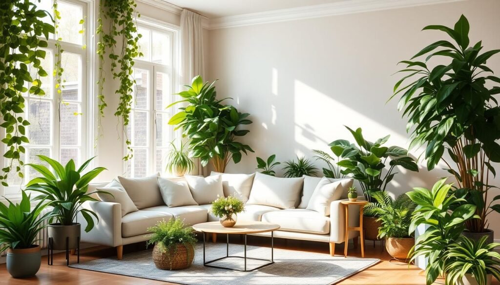 A cozy living room interior with vibrant, lush houseplants strategically placed throughout. Warm, natural lighting filters in from large windows, casting a calming glow on the verdant foliage. Varied shades of green from the plant life contrast beautifully with the neutral furnishings and décor. Trailing vines and tall, stately floor plants create a peaceful, rejuvenating atmosphere. The plants appear healthy and thriving, symbolizing the ability of nature to improve indoor air quality and overall wellbeing. The composition is balanced and inviting, emphasizing the harmonious integration of greenery into a modern home setting.