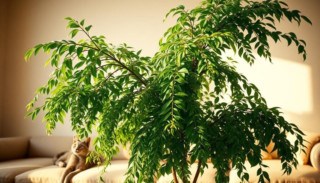A cozy living room with a large, lush drachenbaum plant in the foreground, its leaves cascading gracefully. In the middle ground, a playful house cat lounges nearby, its eyes attentive yet relaxed. The lighting is warm and soft, highlighting the plant's vibrant green hues and the cat's sleek fur. The background features clean, neutral-toned walls, creating a harmonious and safe environment. The composition emphasizes the peaceful coexistence between the drachenbaum and the household pet, conveying a sense of tranquility and domestic bliss. Cinematic, 8K resolution, Kodak Portra film style.