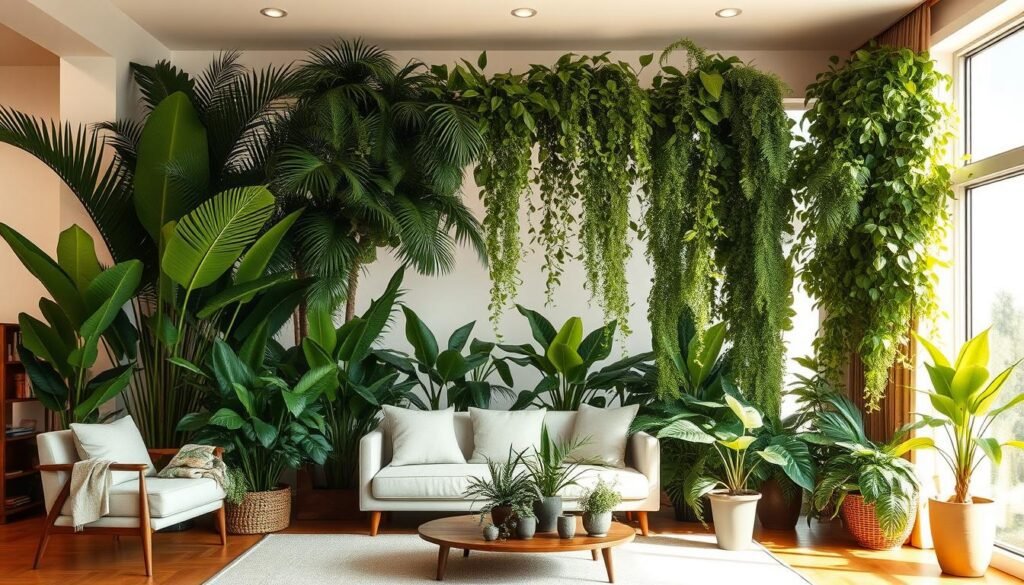 A cozy living room with an expansive, lush room divider made up of large, verdant houseplants. The plants, ranging from towering palms to cascading vines, create a natural, organic partition that softly filters the light and adds a serene, zen-like ambiance to the space. The plants are positioned in an elegant, thoughtful arrangement, with smaller potted specimens grouping together to form a cohesive, dynamic display. Warm, natural lighting from large windows bathes the room in a gentle glow, highlighting the vibrant foliage. The overall aesthetic is one of balance, tranquility and a harmonious integration of indoor greenery within the modern, minimalist interior. A cozy living room with an expansive, lush room divider made up of large, verdant houseplants. The plants, ranging from towering palms to cascading vines, create a natural, organic partition that softly filters the light and adds a serene, zen-like ambiance to the space. The plants are positioned in an elegant, thoughtful arrangement, with smaller potted specimens grouping together to form a cohesive, dynamic display. Warm, natural lighting from large windows bathes the room in a gentle glow, highlighting the vibrant foliage. The overall aesthetic is one of balance, tranquility and a harmonious integration of indoor greenery within the modern, minimalist interior.