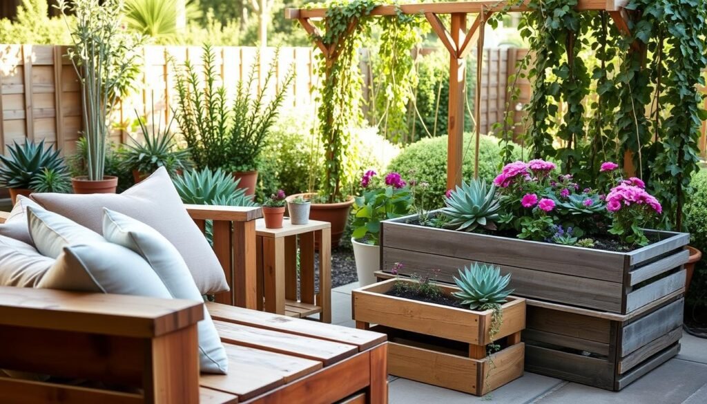 A cozy outdoor seating area, handcrafted from natural materials. In the foreground, a rustic wooden bench with plush cushions, inviting guests to relax. Beside it, a small side table made from repurposed crates, adorned with potted succulents. In the middle ground, a simple, yet stylish DIY planter box overflows with vibrant flowers, casting a warm glow in the afternoon sun. The background features a lush, verdant garden, with a wooden trellis supporting climbing vines. The scene exudes a sense of homemade charm and eco-friendly design, perfect for a garden on a budget. A cozy outdoor seating area, handcrafted from natural materials. In the foreground, a rustic wooden bench with plush cushions, inviting guests to relax. Beside it, a small side table made from repurposed crates, adorned with potted succulents. In the middle ground, a simple, yet stylish DIY planter box overflows with vibrant flowers, casting a warm glow in the afternoon sun. The background features a lush, verdant garden, with a wooden trellis supporting climbing vines. The scene exudes a sense of homemade charm and eco-friendly design, perfect for a garden on a budget.