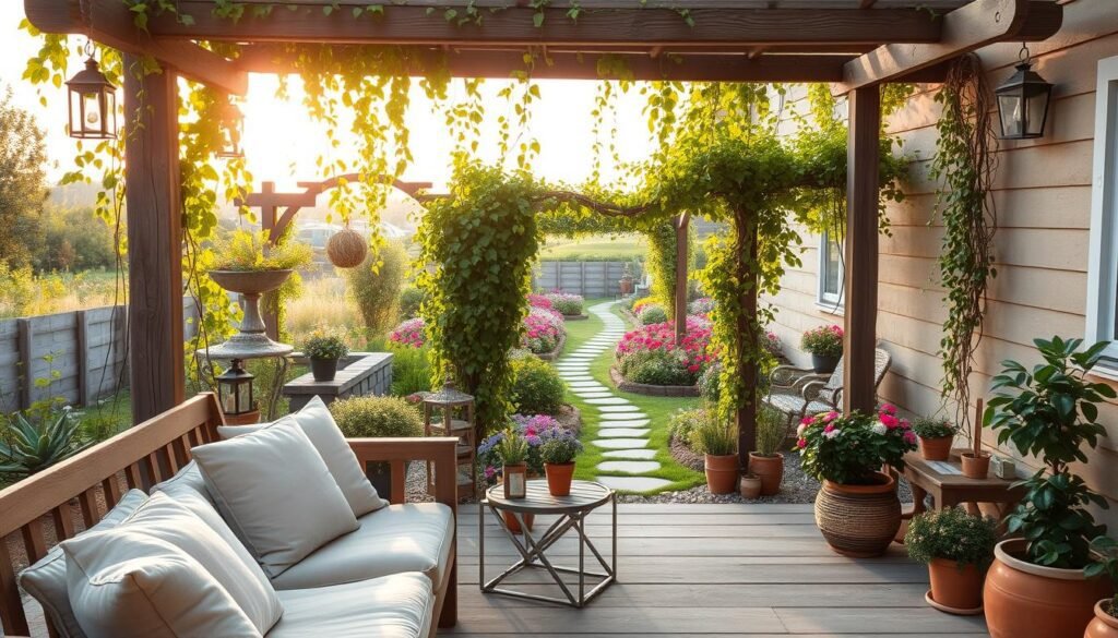 A cozy outdoor seating area with various practical garden accessories. In the foreground, a comfortable wooden bench with plush cushions invites relaxation. Potted plants, lanterns, and a small side table create a charming, nature-inspired ambiance. The middle ground features a weathered wooden pergola draped with lush, cascading vines, casting a warm, dappled light. In the background, a well-tended garden with vibrant flowers and a meandering path, hinting at the beauty of the surrounding landscape. The scene is bathed in soft, golden-hour lighting, conveying a sense of tranquility and joy. Every element harmonizes to create a welcoming, functional, and aesthetically pleasing outdoor living space. A cozy outdoor seating area with various practical garden accessories. In the foreground, a comfortable wooden bench with plush cushions invites relaxation. Potted plants, lanterns, and a small side table create a charming, nature-inspired ambiance. The middle ground features a weathered wooden pergola draped with lush, cascading vines, casting a warm, dappled light. In the background, a well-tended garden with vibrant flowers and a meandering path, hinting at the beauty of the surrounding landscape. The scene is bathed in soft, golden-hour lighting, conveying a sense of tranquility and joy. Every element harmonizes to create a welcoming, functional, and aesthetically pleasing outdoor living space.