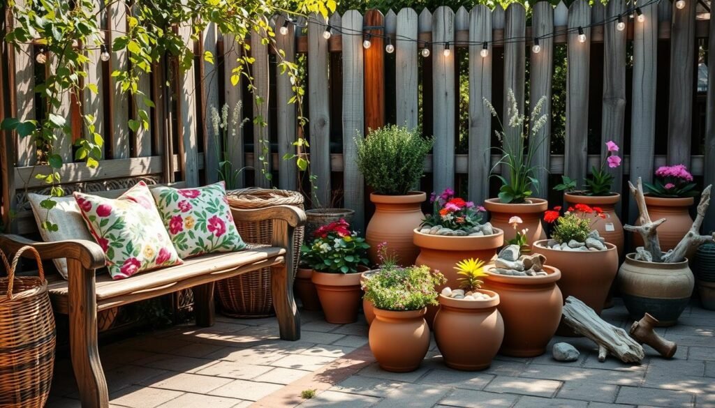 A cozy outdoor setting with an array of whimsical garden decor elements. In the foreground, a rustic wooden bench adorned with colorful floral cushions and a woven basket overflowing with lush greenery. Nearby, a delicate metal trellis supports a cascading vine, casting intriguing shadows on the ground. In the middle ground, a cluster of terracotta pots in various shapes and sizes, some housing vibrant flowering plants, others displaying artfully arranged stones and driftwood. The background features a weathered picket fence draped with string lights, creating a warm, inviting ambiance. Soft, diffused natural lighting illuminates the scene, evoking a serene, cozy atmosphere perfect for outdoor relaxation and entertainment.