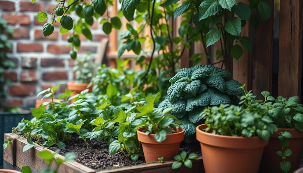 A cozy vegetable and herb garden in a compact, urban space. A small raised bed bursting with flourishing greens, from fragrant basil to lush kale. Soft, natural light filters through a canopy of leafy vines, casting gentle shadows on the well-tended soil. Terracotta pots dot the scene, overflowing with vibrant, aromatic herbs. In the background, glimpses of a charming brick wall and a rustic wooden fence add to the quaint, homely atmosphere. The overall composition conveys a sense of nourishment, tranquility, and the joys of small-space gardening.