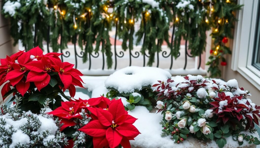 A cozy winter balcony scene, featuring a lush arrangement of hearty, frost-resistant plants. In the foreground, a cluster of vibrant red poinsettias and fragrant rosemary bushes. In the middle ground, delicate pansies and hellebores peeking through a dusting of fresh snow. In the background, a wrought-iron railing is draped with cascading evergreen vines and twinkling string lights, creating a warm, inviting atmosphere. The scene is illuminated by a soft, natural light, capturing the serene beauty of a winter wonderland on the balcony.