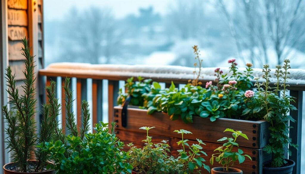 A cozy winter balcony with a thriving herb garden. In the foreground, a collection of potted herbs - rosemary, thyme, and oregano - stand resilient against the chill, their lush green foliage glistening with morning dew. The middle ground features a weathered wooden planter box, overflowing with a vibrant mix of leafy greens and fragrant blooms. In the background, a frost-kissed railing frames a serene winter landscape, with gentle snowfall drifting down from a soft, overcast sky. Warm, ambient lighting casts a comforting glow, creating an inviting atmosphere for tending to the bountiful, well-protected balcony garden.