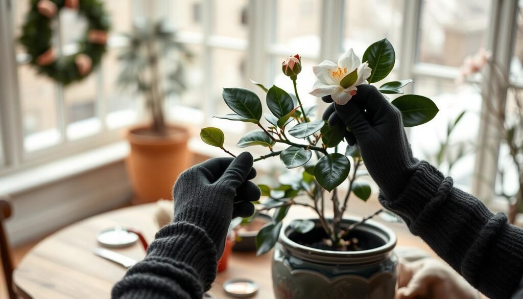 A cozy winter scene depicting the careful maintenance of a camellia plant. In the foreground, a pair of gloved hands gently prune the delicate branches, removing any damaged or diseased growth. The camellia is positioned in a tasteful ceramic planter, its glossy green leaves contrasting with the soft, muted tones of the surroundings. In the middle ground, a table holds various gardening tools and supplies, including a small watering can and a magnifying glass for inspecting the plant. The background is blurred, suggesting a warm, inviting indoor space, perhaps a conservatory or sunroom, with soft natural light filtering in through large windows. The overall mood is one of quiet, focused care and attention, reflecting the importance of proper winter maintenance for these beautiful flowering plants.