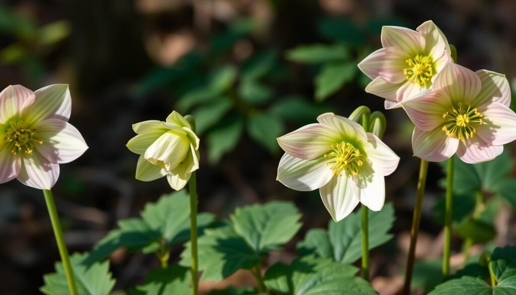 A detailed botanical comparison of various Helleborus species, captured with natural lighting and a shallow depth of field. The foreground features three distinct Helleborus flowers in bloom, revealing their unique petal shapes, colors, and centers. The middle ground showcases their characteristic lobed leaves in shades of green. The background softly blurs into an out-of-focus woodland setting, hinting at the plants' natural habitat. The overall mood is one of scientific study and appreciation for the subtle differences between these related perennial species. A detailed botanical comparison of various Helleborus species, captured with natural lighting and a shallow depth of field. The foreground features three distinct Helleborus flowers in bloom, revealing their unique petal shapes, colors, and centers. The middle ground showcases their characteristic lobed leaves in shades of green. The background softly blurs into an out-of-focus woodland setting, hinting at the plants' natural habitat. The overall mood is one of scientific study and appreciation for the subtle differences between these related perennial species.