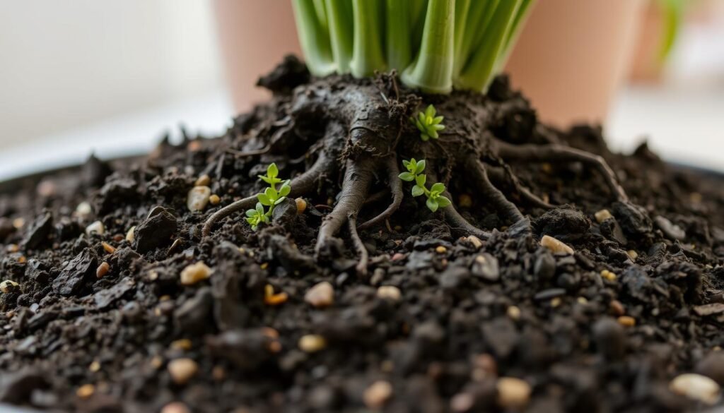 A detailed close-up view of a potting mix or substrate for a Drachenbaum (dragon tree) plant. The foreground shows a pile of loose, dark-colored soil with visible organic matter and small pebbles mixed in. In the middle ground, there are several large dragon tree roots emerging from the soil, surrounded by small green leaves and delicate fronds. The background is softly blurred, creating a sense of depth and focus on the soil and root structure. The lighting is natural and slightly diffused, highlighting the texture and colors of the soil components. The overall mood is one of healthy, thriving growth and nurturing the dragon tree's needs.