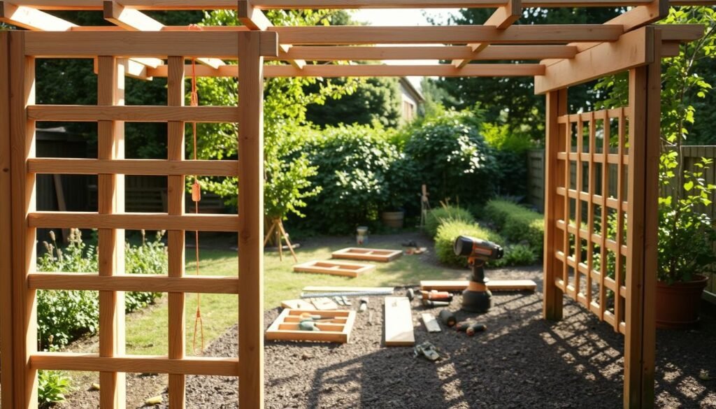 A detailed composition of a DIY trellis construction. The foreground features the intricate lattice structure of the trellis, with carefully aligned wooden beams and crossbars creating a geometric, architectural pattern. The middle ground showcases the assembly process, with tools and materials arranged neatly, suggesting a methodical, step-by-step approach. The background depicts a serene garden setting, with lush greenery and a warm, natural lighting that casts soft shadows, evoking a sense of tranquility and harmony. The overall scene conveys a practical, yet visually appealing, DIY project, suitable for a how-to guide on building a custom trellis. A detailed composition of a DIY trellis construction. The foreground features the intricate lattice structure of the trellis, with carefully aligned wooden beams and crossbars creating a geometric, architectural pattern. The middle ground showcases the assembly process, with tools and materials arranged neatly, suggesting a methodical, step-by-step approach. The background depicts a serene garden setting, with lush greenery and a warm, natural lighting that casts soft shadows, evoking a sense of tranquility and harmony. The overall scene conveys a practical, yet visually appealing, DIY project, suitable for a how-to guide on building a custom trellis.