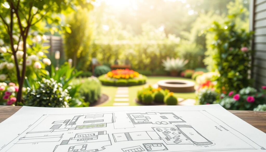 A detailed garden planning sketch depicting a verdant, well-organized outdoor space. In the foreground, a hand-drawn blueprint of the garden layout showcases various planting areas, walkways, and landscape features. The middle ground features lush greenery, such as blooming flowerbeds, neatly trimmed shrubs, and a small water feature. The background suggests a serene, sun-dappled atmosphere with a soft, warm lighting that enhances the tranquil ambiance. The overall composition conveys a sense of careful planning, harmonious design, and natural beauty suitable for a garden inspiration article.