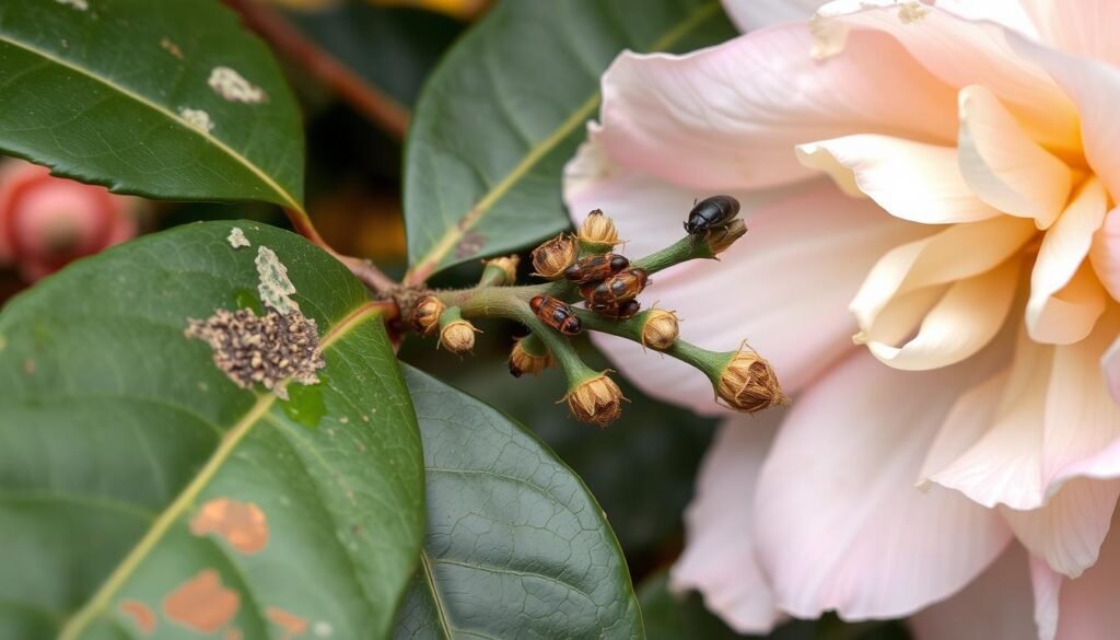 A detailed, high-resolution image of various pests and diseases affecting camellias. The foreground depicts a closeup of a camellia leaf with signs of fungal infection, such as discoloration and spots. The middle ground showcases a camellia branch infested with aphids, their delicate bodies clustered around the stems. In the background, a camellia flower is shown with signs of petal blight, its petals wilting and discolored. The lighting is soft and natural, highlighting the textural details of the plant materials. The overall mood is one of concern and the need for vigilance in maintaining the health of these beautiful flowering shrubs.