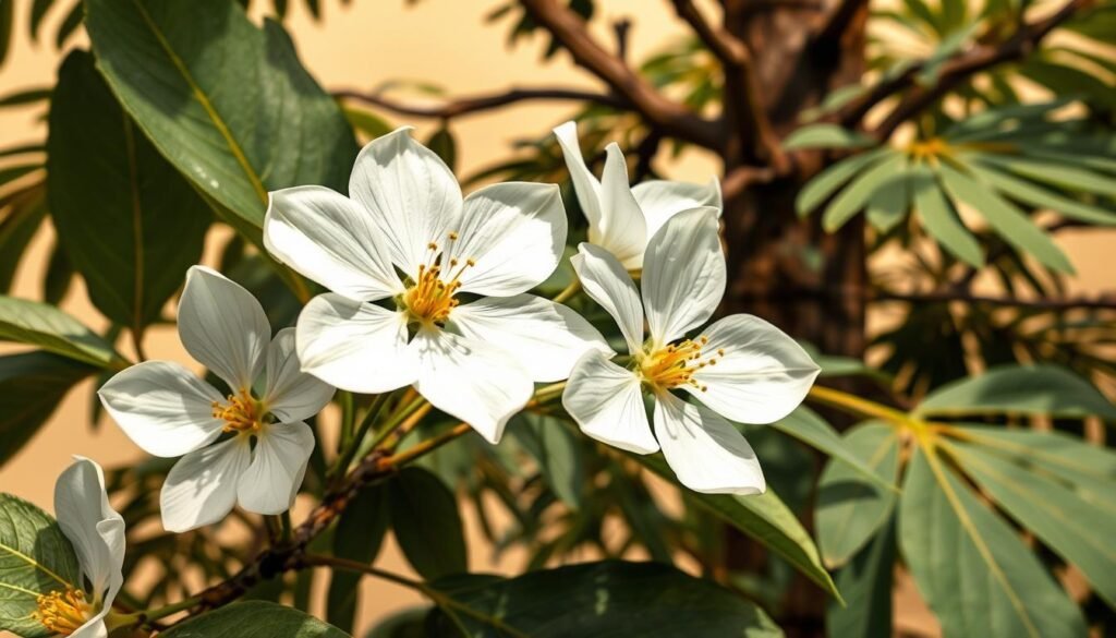 A detailed illustration of the botanical features of Sparrmannia africana, the African Linden Tree. In the foreground, delicate white flowers with yellow stamens are rendered in high fidelity, their petals and structure captured with precision. In the middle ground, the tree's distinctive palmate leaves unfurl, showcasing their intricate venation and soft green hues. The background depicts the overall plant habit, with a mature trunk and branching structure, rendered in a warm, earthy tone that evokes the natural habitat. Soft, diffused lighting casts gentle shadows, highlighting the textural qualities of the botanicals. The composition is balanced and symmetrical, allowing the viewer to closely examine the key identifying characteristics of this species.