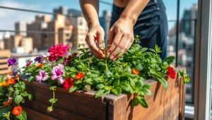 A detailed step-by-step guide to planting a lush, thriving balcony garden. In the foreground, vibrant flowers and foliage cascade from a wooden planter box, their colors and textures contrasting beautifully. In the middle ground, a gardener's hands tenderly transplant young seedlings, their focus and care evident. The background features an urban balcony scene, with city buildings and a bright, open sky providing an atmospheric setting. The lighting is natural and diffused, creating a warm, inviting ambiance. The overall composition conveys a sense of tranquility, productivity, and the joyful process of cultivating a personal oasis amidst the city.