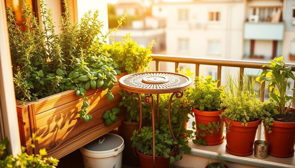 A flourishing herb garden adorns a cozy balcony, bathed in the warm glow of golden afternoon sunlight. Lush green foliage of rosemary, basil, and thyme sway gently in a soft breeze, casting playful shadows across a rustic wooden planter box. Terracotta pots brimming with vibrant chives, parsley, and oregano line the railing, their aromatic scents mingling in the air. A small wrought-iron table with a weathered finish stands at the center, inviting one to pause and savor the tranquil ambiance of this urban oasis. The scene exudes a sense of serene productivity, a harmonious blend of nature and nurture within the confines of a cozy balcony sanctuary.