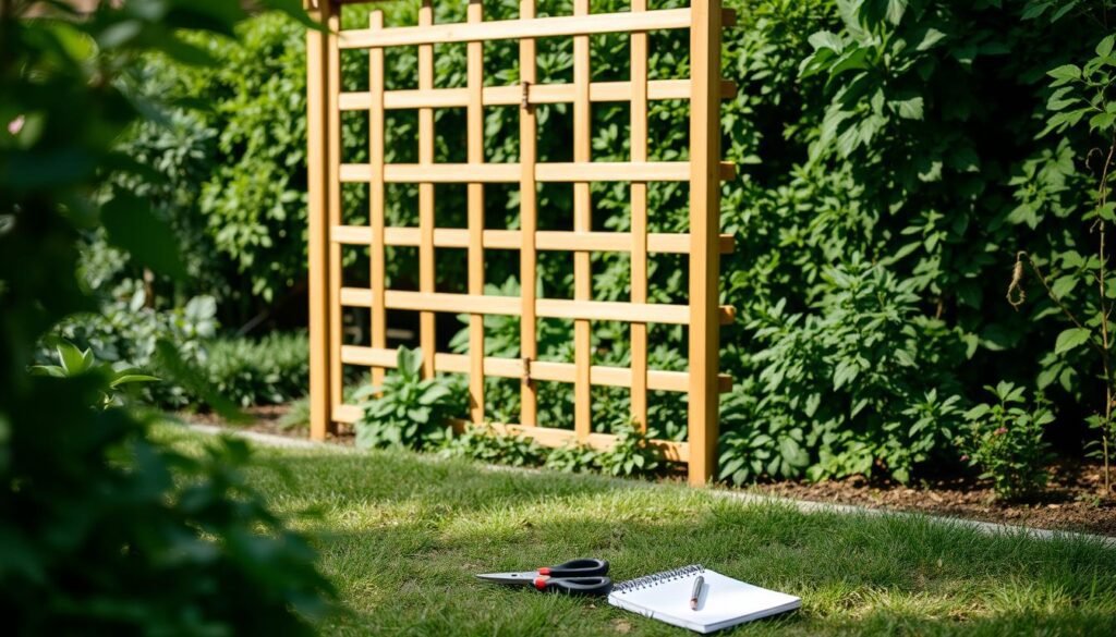 A garden trellis standing amid lush greenery, its intricate lattice structure casting gentle shadows across the neatly landscaped ground. The trellis, strategically positioned to support climbing vines, appears sturdy and well-crafted, with a natural wood finish that blends seamlessly with the surrounding foliage. Soft, diffused lighting bathes the scene, creating a serene and inviting atmosphere. In the foreground, a pair of pruning shears and a small notebook lie on the ground, hinting at the planning and preparation that went into this harmonious garden feature. The overall composition suggests a carefully considered approach to the design and placement of this essential horticultural tool. A garden trellis standing amid lush greenery, its intricate lattice structure casting gentle shadows across the neatly landscaped ground. The trellis, strategically positioned to support climbing vines, appears sturdy and well-crafted, with a natural wood finish that blends seamlessly with the surrounding foliage. Soft, diffused lighting bathes the scene, creating a serene and inviting atmosphere. In the foreground, a pair of pruning shears and a small notebook lie on the ground, hinting at the planning and preparation that went into this harmonious garden feature. The overall composition suggests a carefully considered approach to the design and placement of this essential horticultural tool.