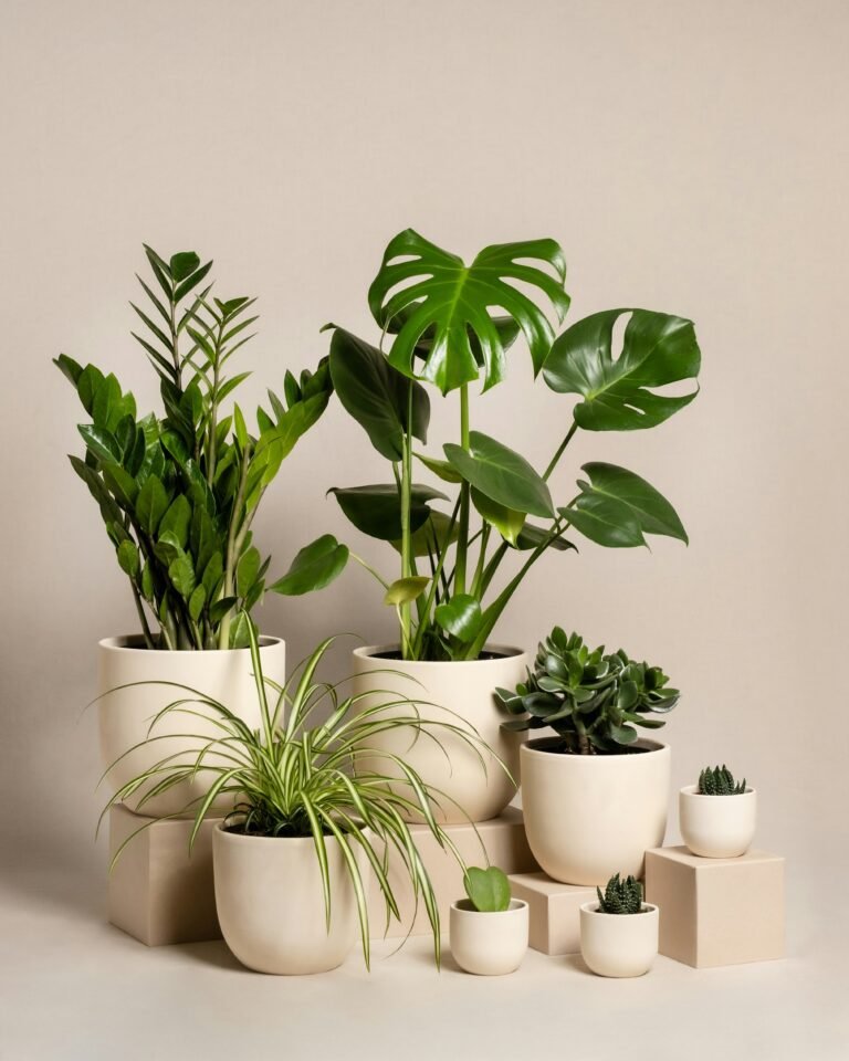 A group of potted plants sitting next to each other