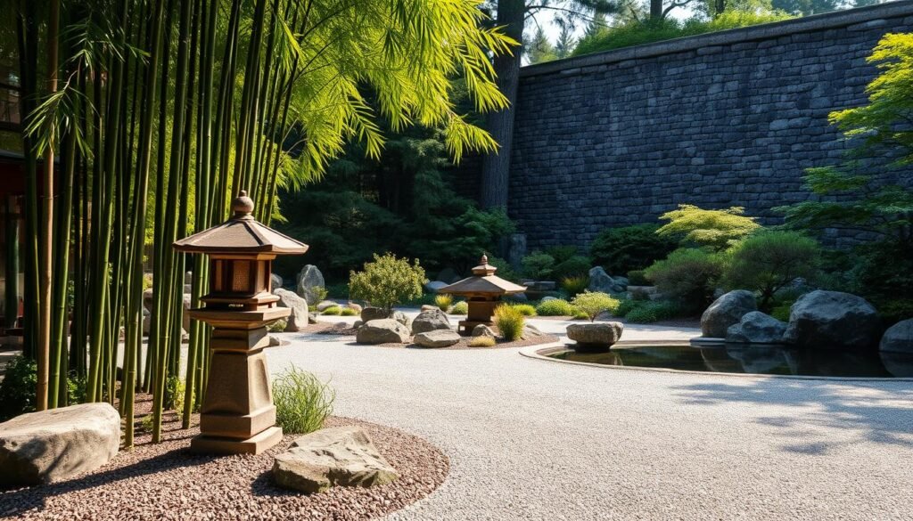 A lush Japanese Zen garden, meticulously designed with carefully placed boulders, gravel pathways, and a tranquil pond reflecting the surrounding foliage. Tall, graceful bamboo stalks sway gently in the soft breeze, casting dappled shadows on the smooth, raked gravel surface. In the foreground, a single, weathered stone lantern stands guard, its warm glow illuminating the serene scene. The middle ground is filled with a variety of carefully manicured, low-growing plants, their shapes and textures complementing the angular lines of the rocks. In the background, a towering stone wall, partially obscured by tall, verdant trees, creates a sense of enclosure and privacy. The overall atmosphere is one of profound calm and harmony, inviting the viewer to pause and find solace in the beauty of this carefully crafted, Zen-inspired garden. A lush Japanese Zen garden, meticulously designed with carefully placed boulders, gravel pathways, and a tranquil pond reflecting the surrounding foliage. Tall, graceful bamboo stalks sway gently in the soft breeze, casting dappled shadows on the smooth, raked gravel surface. In the foreground, a single, weathered stone lantern stands guard, its warm glow illuminating the serene scene. The middle ground is filled with a variety of carefully manicured, low-growing plants, their shapes and textures complementing the angular lines of the rocks. In the background, a towering stone wall, partially obscured by tall, verdant trees, creates a sense of enclosure and privacy. The overall atmosphere is one of profound calm and harmony, inviting the viewer to pause and find solace in the beauty of this carefully crafted, Zen-inspired garden.