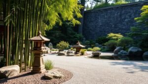 A lush Japanese Zen garden, meticulously designed with carefully placed boulders, gravel pathways, and a tranquil pond reflecting the surrounding foliage. Tall, graceful bamboo stalks sway gently in the soft breeze, casting dappled shadows on the smooth, raked gravel surface. In the foreground, a single, weathered stone lantern stands guard, its warm glow illuminating the serene scene. The middle ground is filled with a variety of carefully manicured, low-growing plants, their shapes and textures complementing the angular lines of the rocks. In the background, a towering stone wall, partially obscured by tall, verdant trees, creates a sense of enclosure and privacy. The overall atmosphere is one of profound calm and harmony, inviting the viewer to pause and find solace in the beauty of this carefully crafted, Zen-inspired garden.