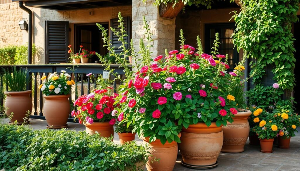 A lush Mediterranean garden with terracotta pots filled with vibrant flowering plants, set against the backdrop of a sun-drenched balcony and a tranquil patio. Warm lighting bathes the scene, casting soft shadows that accentuate the textured surfaces of the weathered stone walls and the intricate patterns of the terracotta tiles. A gentle breeze rustles the verdant foliage, creating a serene and inviting atmosphere. The composition is balanced, drawing the eye to the flourishing plants that take center stage, while the surrounding architectural elements frame the scene. This idyllic setting offers inspiration for the optimal placement of Mediterranean-style plants in various outdoor living spaces. A lush Mediterranean garden with terracotta pots filled with vibrant flowering plants, set against the backdrop of a sun-drenched balcony and a tranquil patio. Warm lighting bathes the scene, casting soft shadows that accentuate the textured surfaces of the weathered stone walls and the intricate patterns of the terracotta tiles. A gentle breeze rustles the verdant foliage, creating a serene and inviting atmosphere. The composition is balanced, drawing the eye to the flourishing plants that take center stage, while the surrounding architectural elements frame the scene. This idyllic setting offers inspiration for the optimal placement of Mediterranean-style plants in various outdoor living spaces.